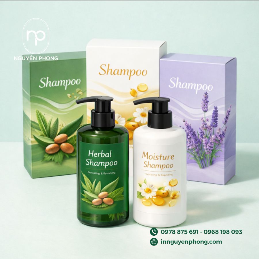 In hộp giấy đựng dầu gội